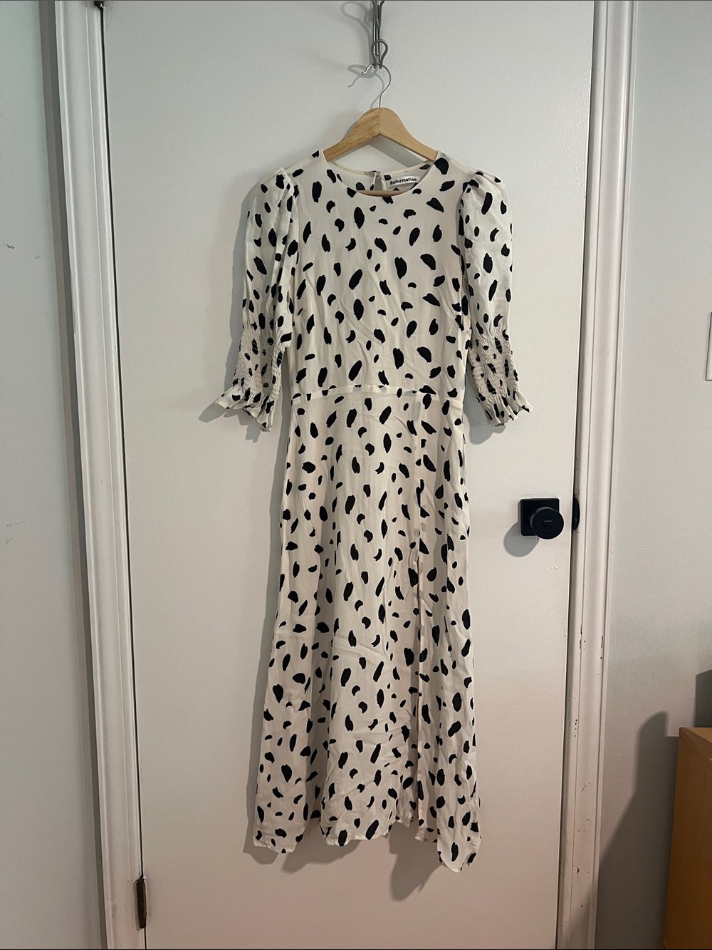 Reformation Carolena Black & Cream Spot Midi Dress with Smocked Cuffs, Side Slit